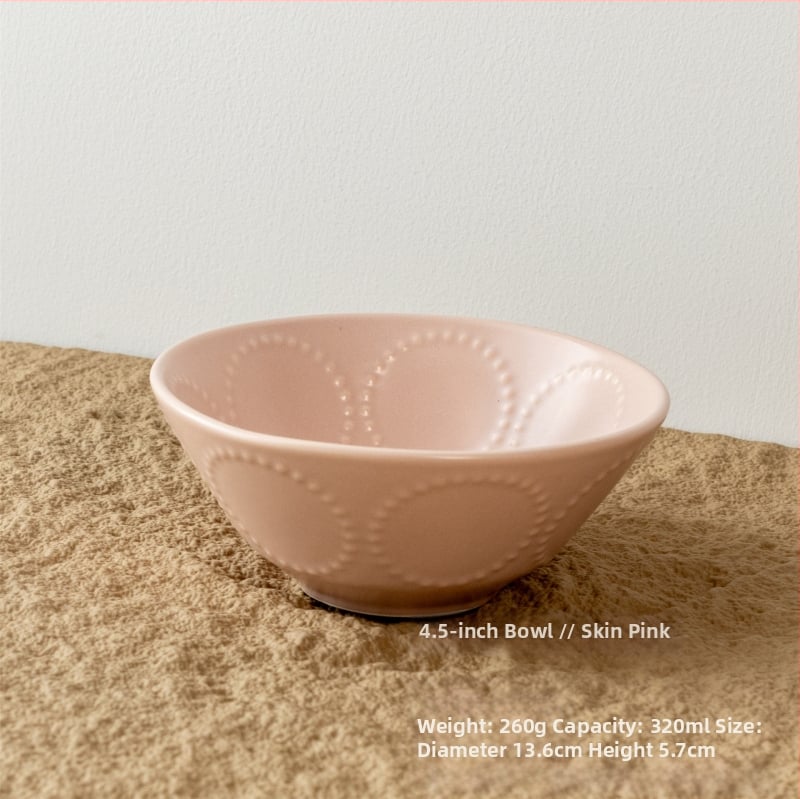 Kerámia tál domborított gyöngy-karika mintával, retro stílus, kerek alak, mikróban használható.