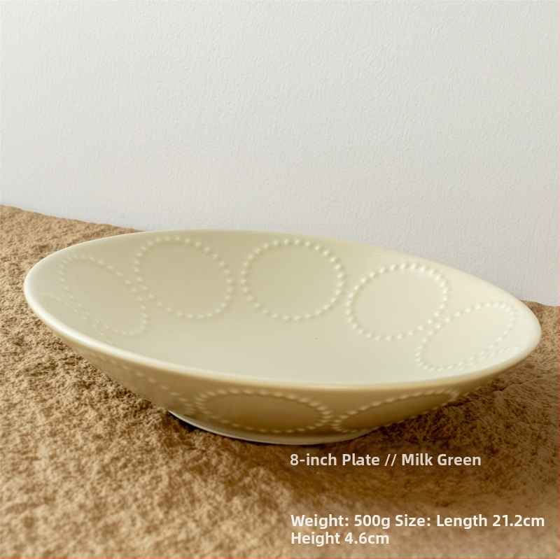 Kerámia tál domborított gyöngy-karika mintával, retro stílus, kerek alak, mikróban használható.