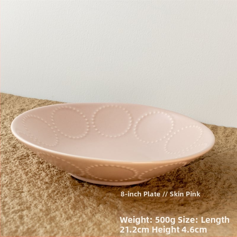 Kerámia tál domborított gyöngy-karika mintával, retro stílus, kerek alak, mikróban használható.