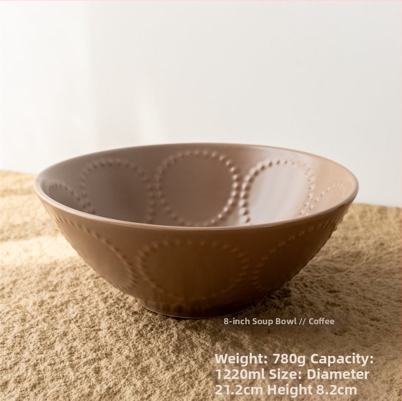 Kerámia tál domborított gyöngy-karika mintával, retro stílus, kerek alak, mikróban használható.