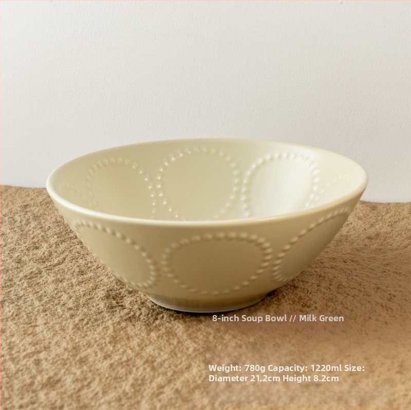 Kerámia tál domborított gyöngy-karika mintával, retro stílus, kerek alak, mikróban használható.