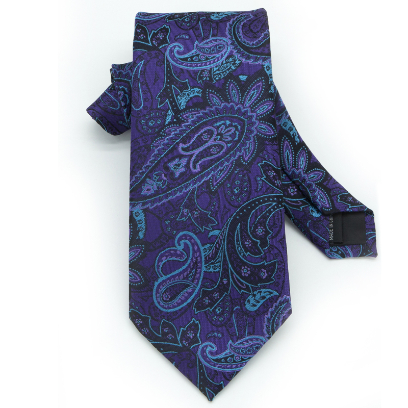 Vyrų komplektas: kaklaraištis, kišeninė nosinė ir rankogalių segtukai; Jacquard Paisley raštas; medžiaga: poliesterio siūlas; apdorojimas: jacquard; rankogalių segtukų dengimas: varinis