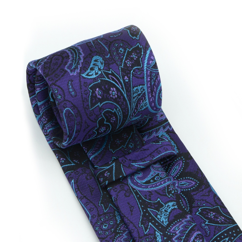 Vyrų komplektas: kaklaraištis, kišeninė nosinė ir rankogalių segtukai; Jacquard Paisley raštas; medžiaga: poliesterio siūlas; apdorojimas: jacquard; rankogalių segtukų dengimas: varinis