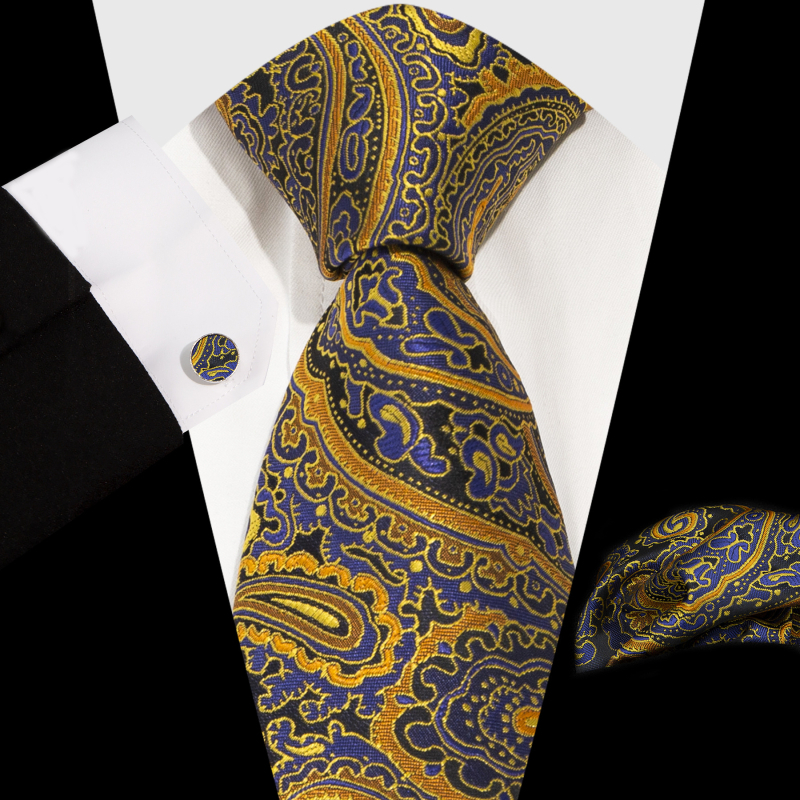 Vyrų komplektas: kaklaraištis, kišeninė nosinė ir rankogalių segtukai; Jacquard Paisley raštas; medžiaga: poliesterio siūlas; apdorojimas: jacquard; rankogalių segtukų dengimas: varinis