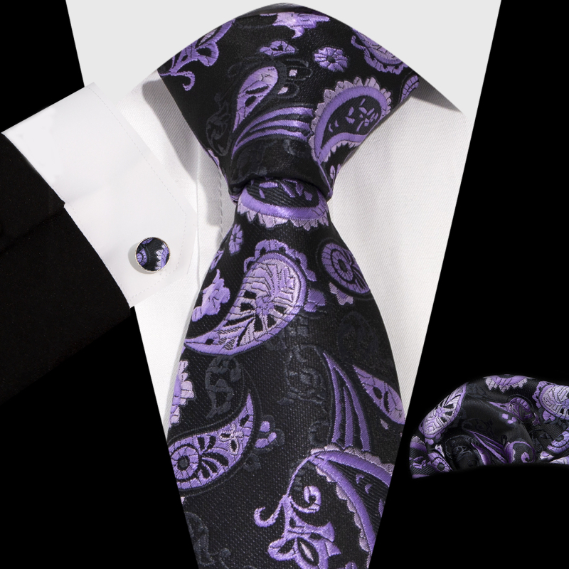 Vyrų komplektas: kaklaraištis, kišeninė nosinė ir rankogalių segtukai; Jacquard Paisley raštas; medžiaga: poliesterio siūlas; apdorojimas: jacquard; rankogalių segtukų dengimas: varinis