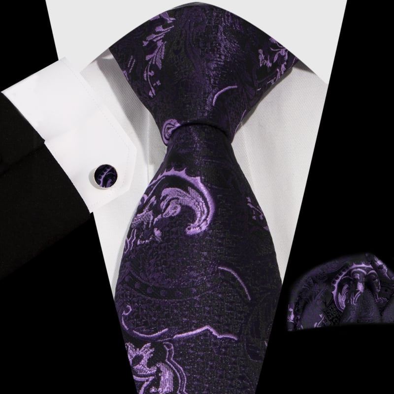 Vyrų komplektas: kaklaraištis, kišeninė nosinė ir rankogalių segtukai; Jacquard Paisley raštas; medžiaga: poliesterio siūlas; apdorojimas: jacquard; rankogalių segtukų dengimas: varinis