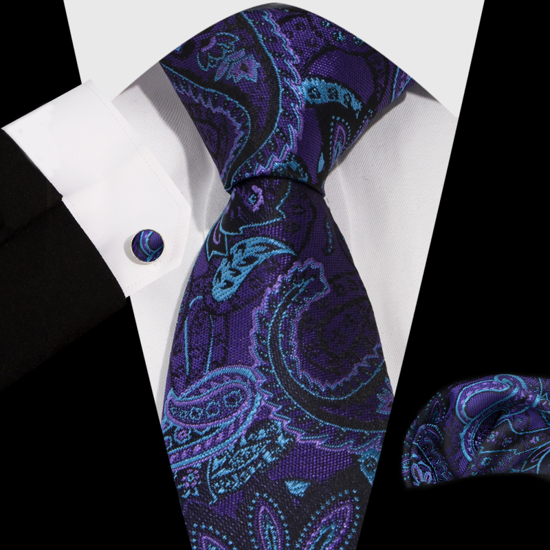 Vyrų komplektas: kaklaraištis, kišeninė nosinė ir rankogalių segtukai; Jacquard Paisley raštas; medžiaga: poliesterio siūlas; apdorojimas: jacquard; rankogalių segtukų dengimas: varinis