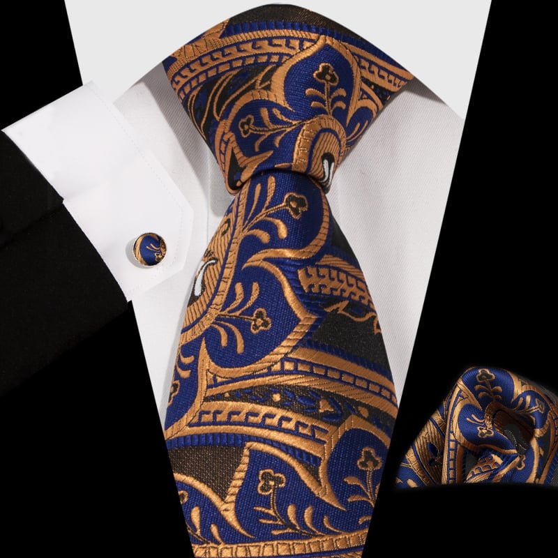 Vyrų komplektas: kaklaraištis, kišeninė nosinė ir rankogalių segtukai; Jacquard Paisley raštas; medžiaga: poliesterio siūlas; apdorojimas: jacquard; rankogalių segtukų dengimas: varinis