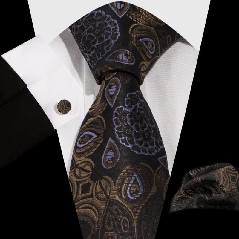 Vyrų komplektas: kaklaraištis, kišeninė nosinė ir rankogalių segtukai; Jacquard Paisley raštas; medžiaga: poliesterio siūlas; apdorojimas: jacquard; rankogalių segtukų dengimas: varinis