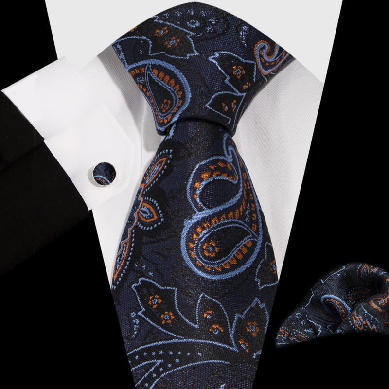 Vyrų komplektas: kaklaraištis, kišeninė nosinė ir rankogalių segtukai; Jacquard Paisley raštas; medžiaga: poliesterio siūlas; apdorojimas: jacquard; rankogalių segtukų dengimas: varinis