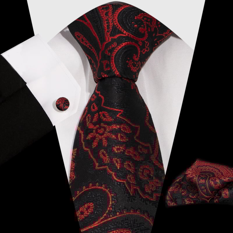 Vyrų komplektas: kaklaraištis, kišeninė nosinė ir rankogalių segtukai; Jacquard Paisley raštas; medžiaga: poliesterio siūlas; apdorojimas: jacquard; rankogalių segtukų dengimas: varinis