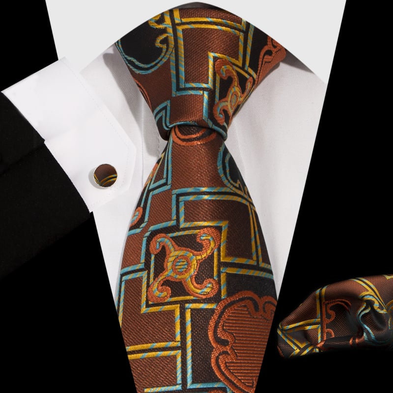 Vyrų komplektas: kaklaraištis, kišeninė nosinė ir rankogalių segtukai; Jacquard Paisley raštas; medžiaga: poliesterio siūlas; apdorojimas: jacquard; rankogalių segtukų dengimas: varinis