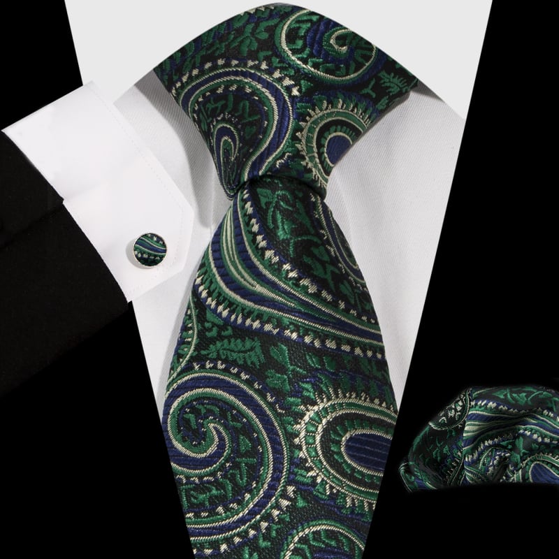 Vyrų komplektas: kaklaraištis, kišeninė nosinė ir rankogalių segtukai; Jacquard Paisley raštas; medžiaga: poliesterio siūlas; apdorojimas: jacquard; rankogalių segtukų dengimas: varinis