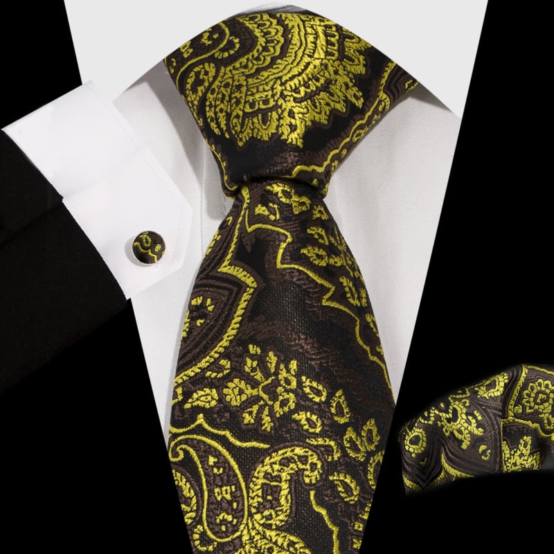 Vyrų komplektas: kaklaraištis, kišeninė nosinė ir rankogalių segtukai; Jacquard Paisley raštas; medžiaga: poliesterio siūlas; apdorojimas: jacquard; rankogalių segtukų dengimas: varinis