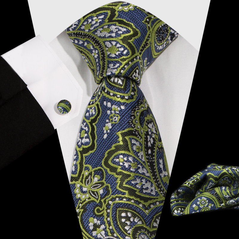 Vyrų komplektas: kaklaraištis, kišeninė nosinė ir rankogalių segtukai; Jacquard Paisley raštas; medžiaga: poliesterio siūlas; apdorojimas: jacquard; rankogalių segtukų dengimas: varinis