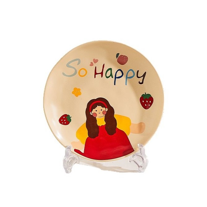 Kerámia családi étkészlet – tálak, tányérok, bögrék; karikatúra motívum alglazúrral; mikrohullámú sütőben használható; testreszabás elérhető.