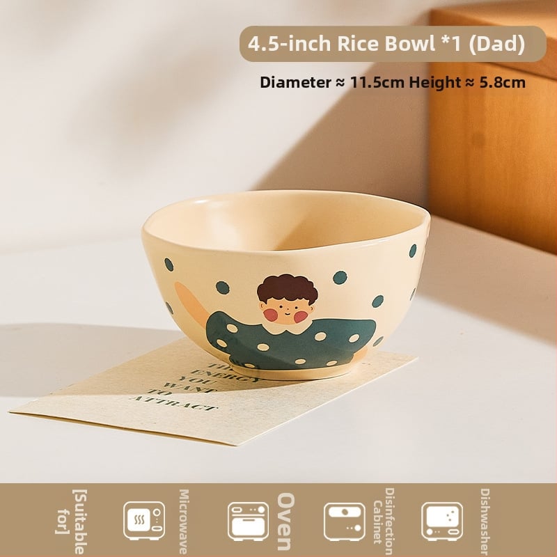 Kerámia családi étkészlet – tálak, tányérok, bögrék; karikatúra motívum alglazúrral; mikrohullámú sütőben használható; testreszabás elérhető.