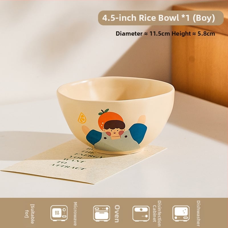 Kerámia családi étkészlet – tálak, tányérok, bögrék; karikatúra motívum alglazúrral; mikrohullámú sütőben használható; testreszabás elérhető.