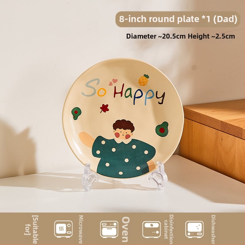 Kerámia családi étkészlet – tálak, tányérok, bögrék; karikatúra motívum alglazúrral; mikrohullámú sütőben használható; testreszabás elérhető.