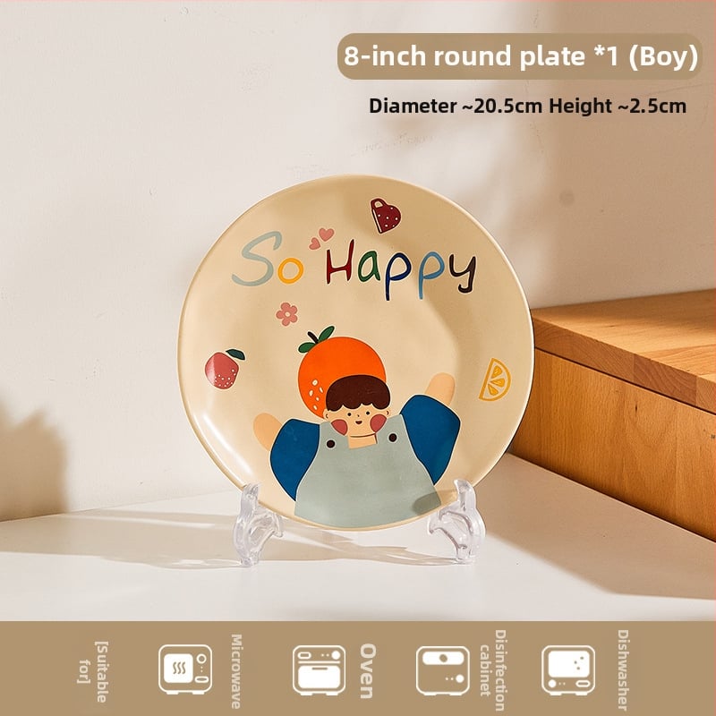 Kerámia családi étkészlet – tálak, tányérok, bögrék; karikatúra motívum alglazúrral; mikrohullámú sütőben használható; testreszabás elérhető.