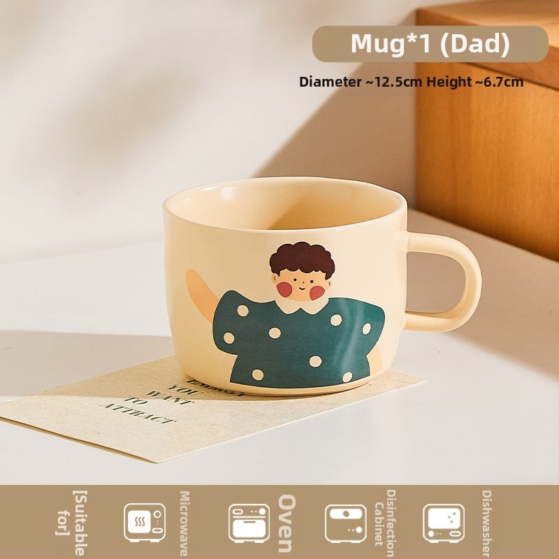 Kerámia családi étkészlet – tálak, tányérok, bögrék; karikatúra motívum alglazúrral; mikrohullámú sütőben használható; testreszabás elérhető.