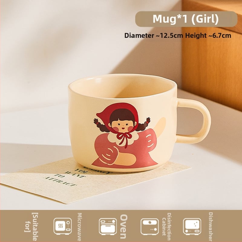 Kerámia családi étkészlet – tálak, tányérok, bögrék; karikatúra motívum alglazúrral; mikrohullámú sütőben használható; testreszabás elérhető.