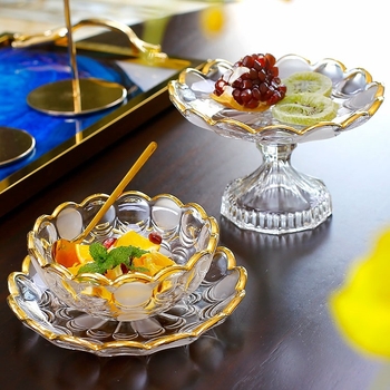 Farfurie de fructe din sticlă cristal cu margine aurie, stil simplu, calitate de primă clasă