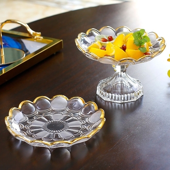 Farfurie de fructe din sticlă cristal cu margine aurie, stil simplu, calitate de primă clasă