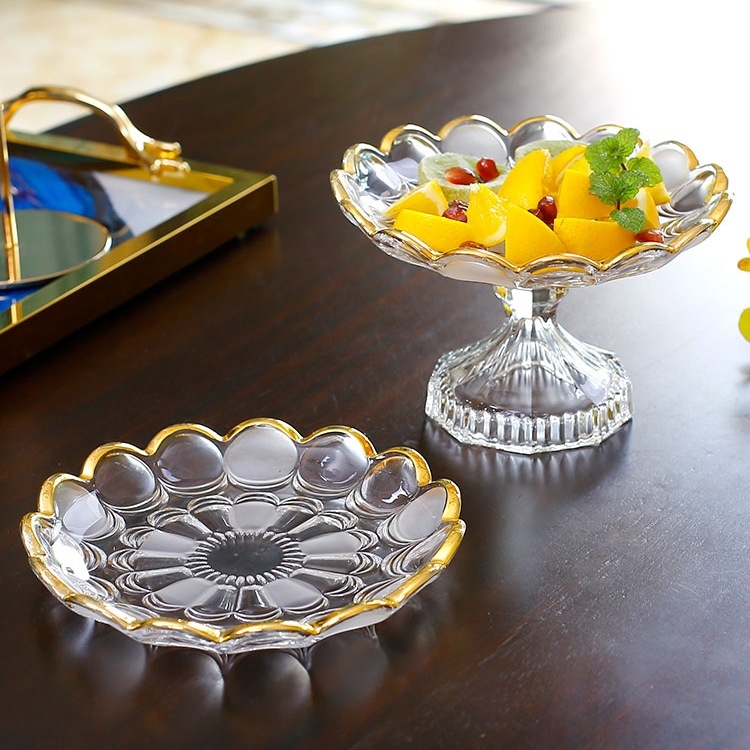 Farfurie de fructe din sticlă cristal cu margine aurie, stil simplu, calitate de primă clasă