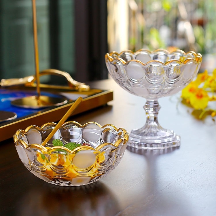 Farfurie de fructe din sticlă cristal cu margine aurie, stil simplu, calitate de primă clasă