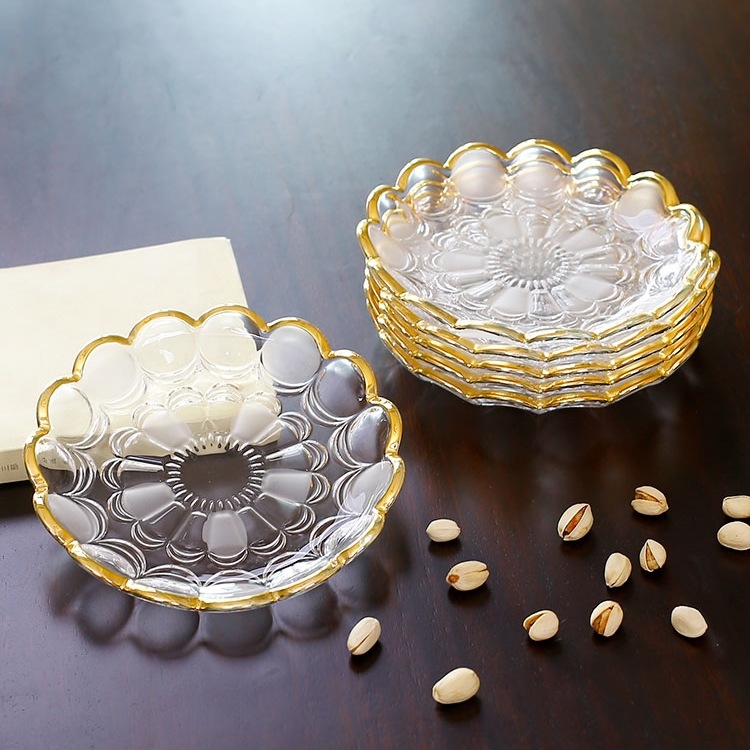 Farfurie de fructe din sticlă cristal cu margine aurie, stil simplu, calitate de primă clasă