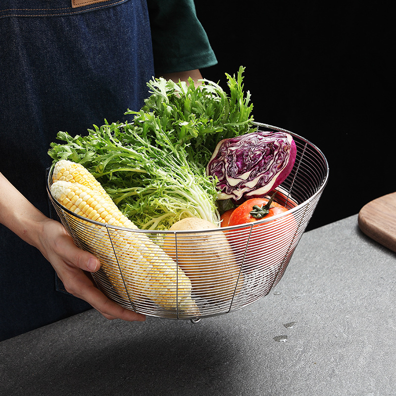 Cos rotund de scurgere din oțel inoxidabil pentru chiuveta de bucătărie – sită și depozitare de fructe, stil modern