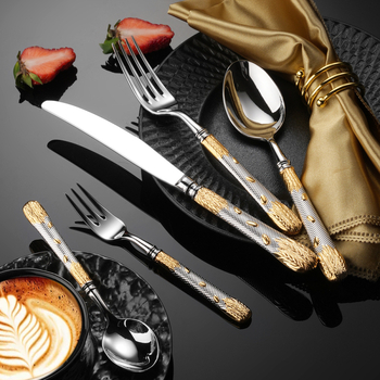 304 rozsdamentes acélból készült evőeszköz készlet – steak kés, villa, kanál és desszertkanál; tükörfényes felület, retro könnyed luxus stílus; kovácsolt búzaszem mintázat; kézzel készített