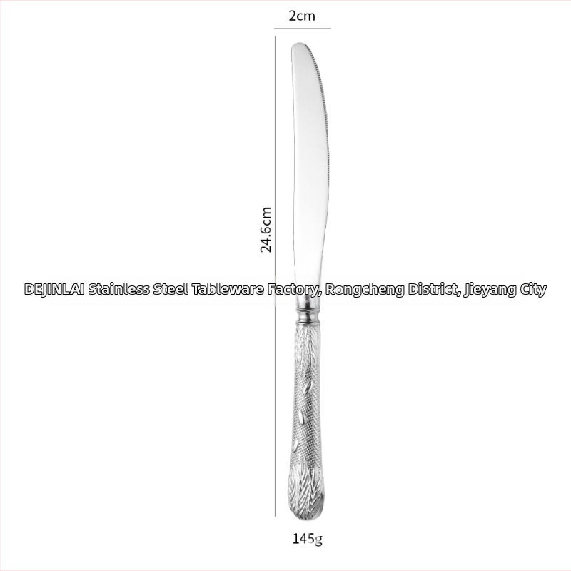 304 rozsdamentes acélból készült evőeszköz készlet – steak kés, villa, kanál és desszertkanál; tükörfényes felület, retro könnyed luxus stílus; kovácsolt búzaszem mintázat; kézzel készített