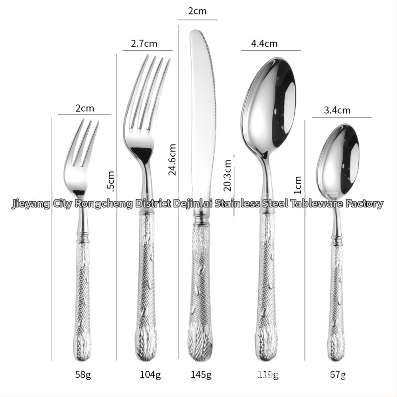 304 rozsdamentes acélból készült evőeszköz készlet – steak kés, villa, kanál és desszertkanál; tükörfényes felület, retro könnyed luxus stílus; kovácsolt búzaszem mintázat; kézzel készített