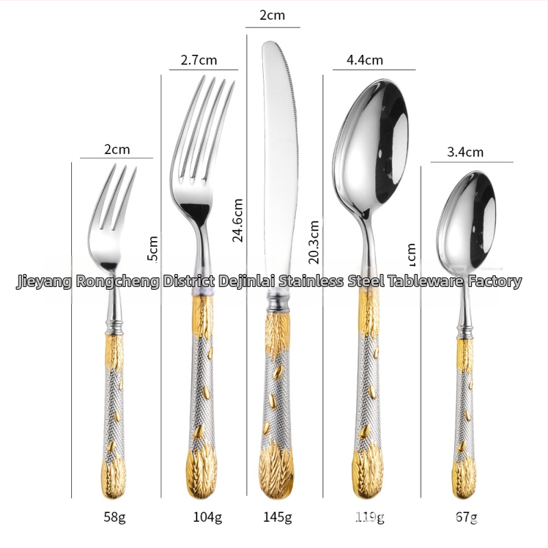 304 rozsdamentes acélból készült evőeszköz készlet – steak kés, villa, kanál és desszertkanál; tükörfényes felület, retro könnyed luxus stílus; kovácsolt búzaszem mintázat; kézzel készített
