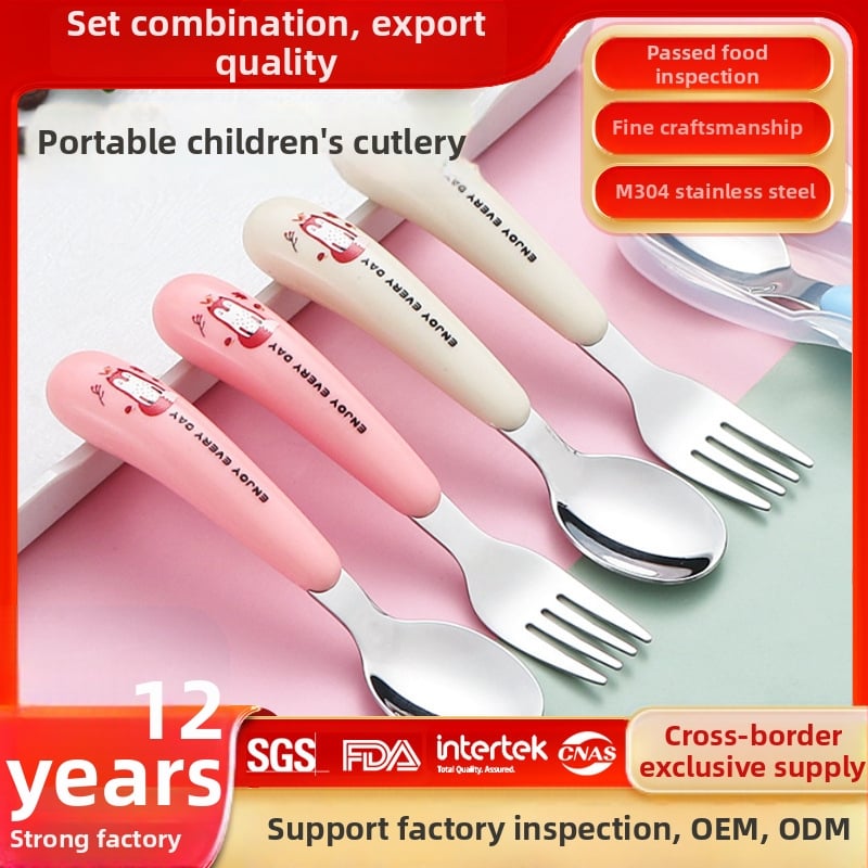 Gyerekeknek készült 304 rozsdamentes acél kanál- és villa készlet — hordozható evőeszközök karikatúra dizájnnal, tanuláshoz és otthoni használatra