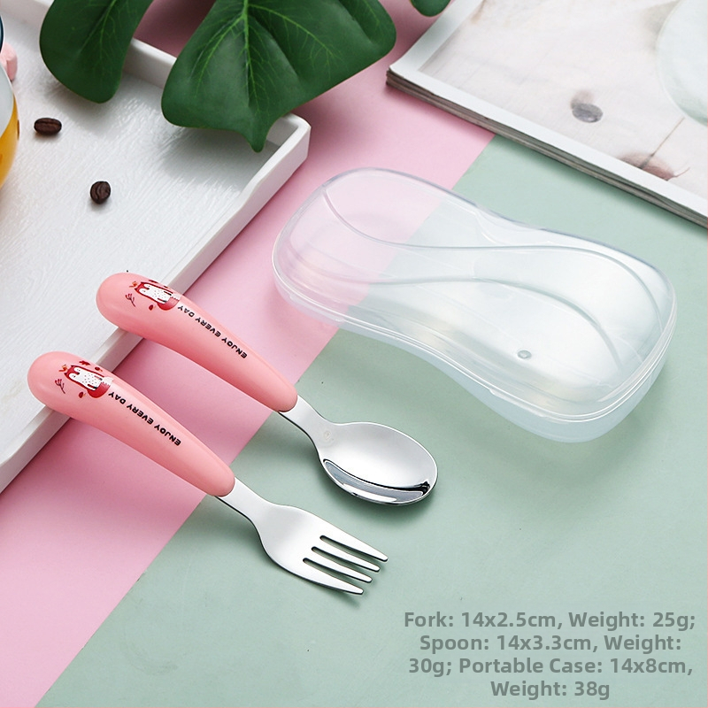 Gyerekeknek készült 304 rozsdamentes acél kanál- és villa készlet — hordozható evőeszközök karikatúra dizájnnal, tanuláshoz és otthoni használatra