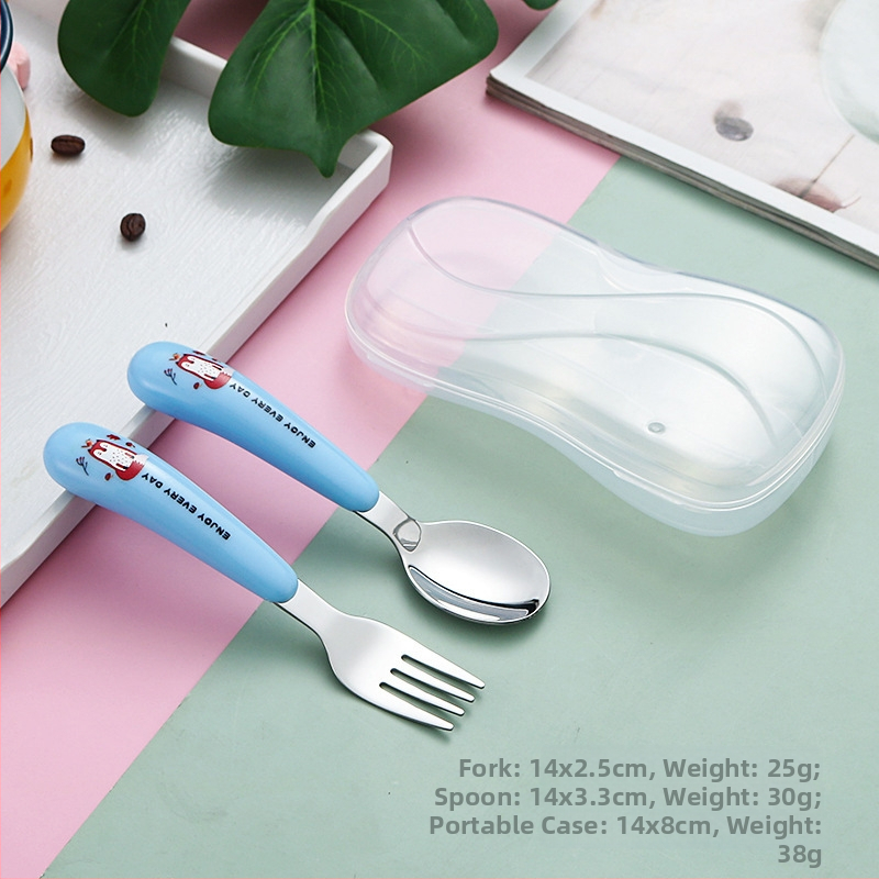 Gyerekeknek készült 304 rozsdamentes acél kanál- és villa készlet — hordozható evőeszközök karikatúra dizájnnal, tanuláshoz és otthoni használatra