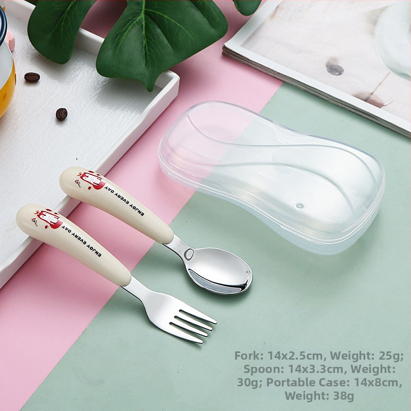 Gyerekeknek készült 304 rozsdamentes acél kanál- és villa készlet — hordozható evőeszközök karikatúra dizájnnal, tanuláshoz és otthoni használatra