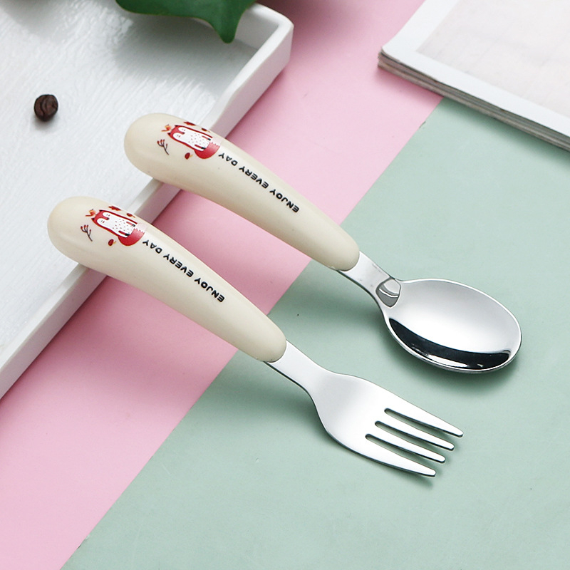 Gyerekeknek készült 304 rozsdamentes acél kanál- és villa készlet — hordozható evőeszközök karikatúra dizájnnal, tanuláshoz és otthoni használatra