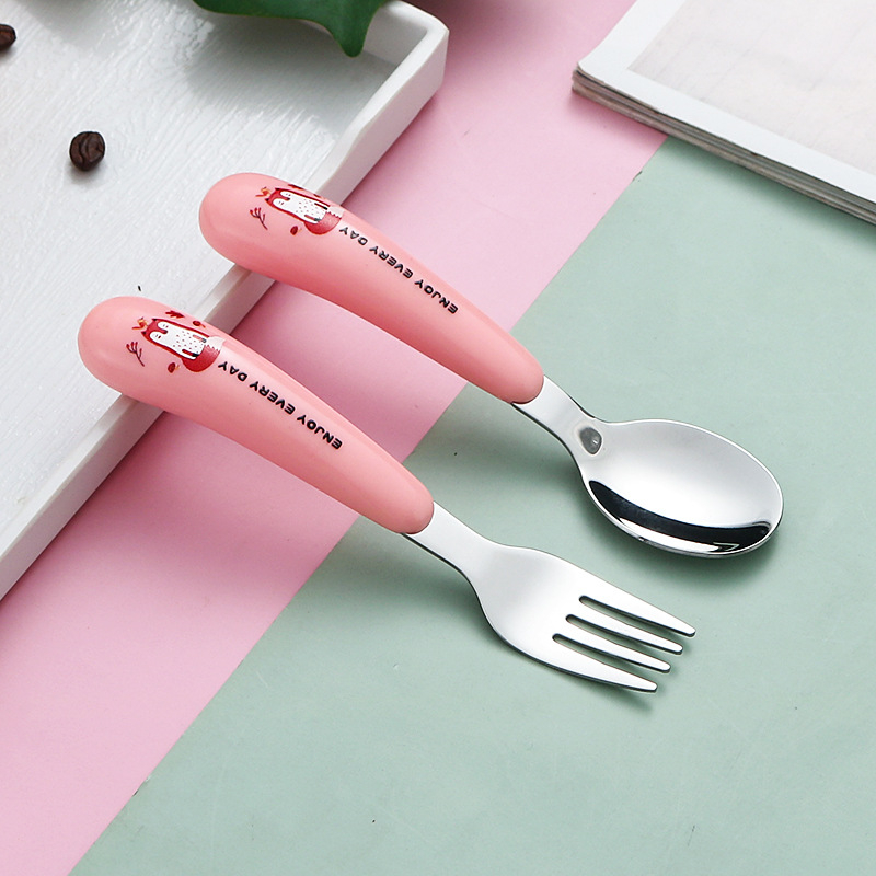 Gyerekeknek készült 304 rozsdamentes acél kanál- és villa készlet — hordozható evőeszközök karikatúra dizájnnal, tanuláshoz és otthoni használatra