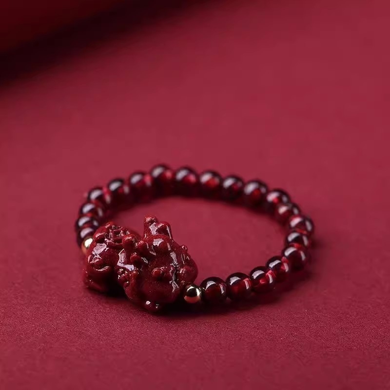 Prsten od prirodnog granata, ljubičasto-zlatne cinnabar perle, zaštitni amulet Pixiu, dizajn ruže, ručna izrada, jedinstven stil.