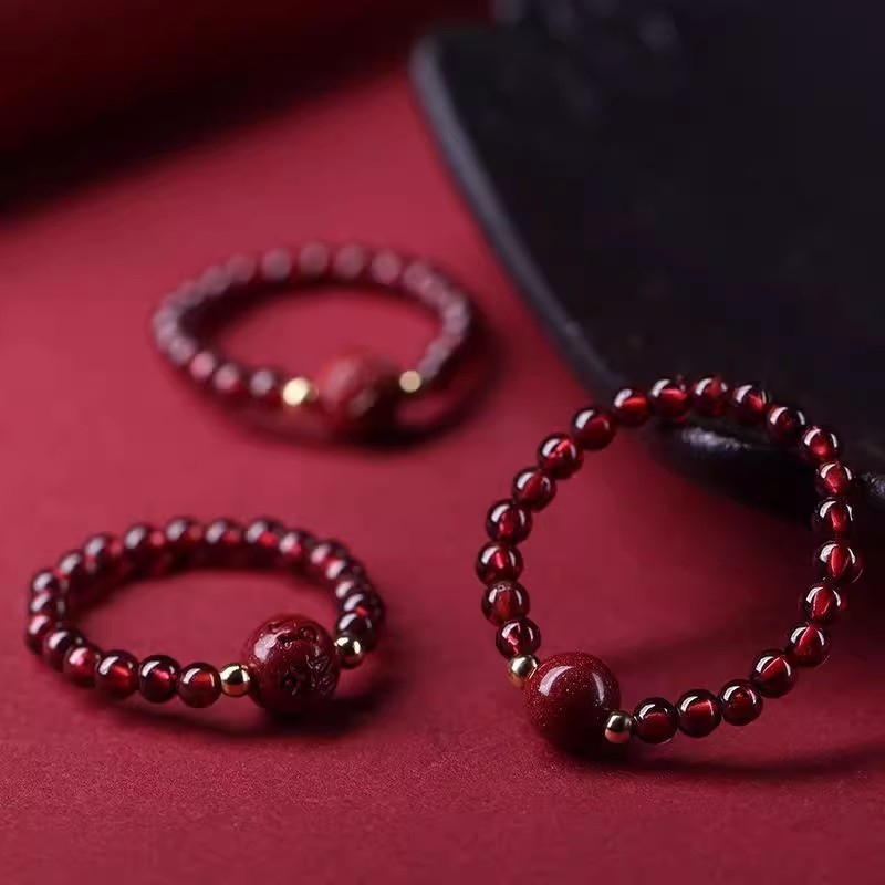 Prsten od prirodnog granata, ljubičasto-zlatne cinnabar perle, zaštitni amulet Pixiu, dizajn ruže, ručna izrada, jedinstven stil.