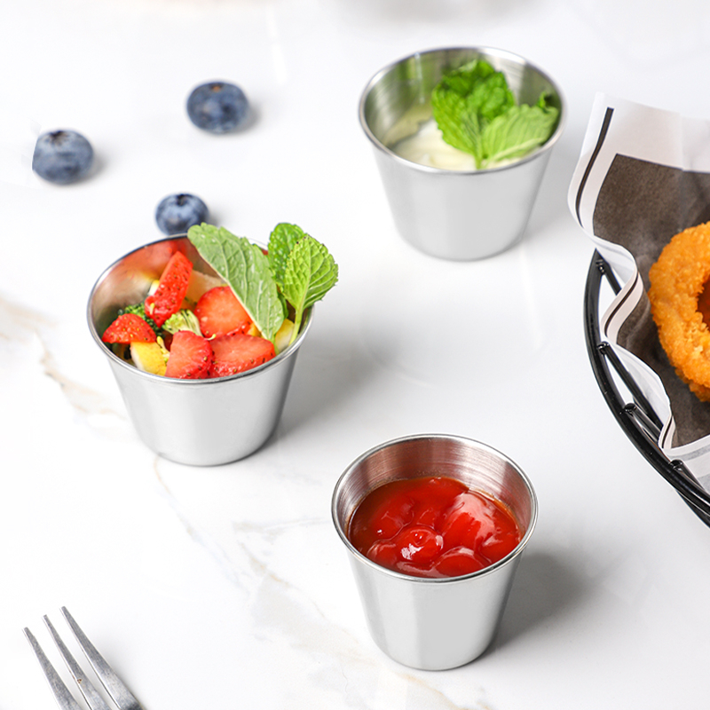 Стоманен съд за сосове - кръгла купичка за дип, Нордически стил, 201 неръждаема стомана, съвместим с микровълнова, печат на лого възможен