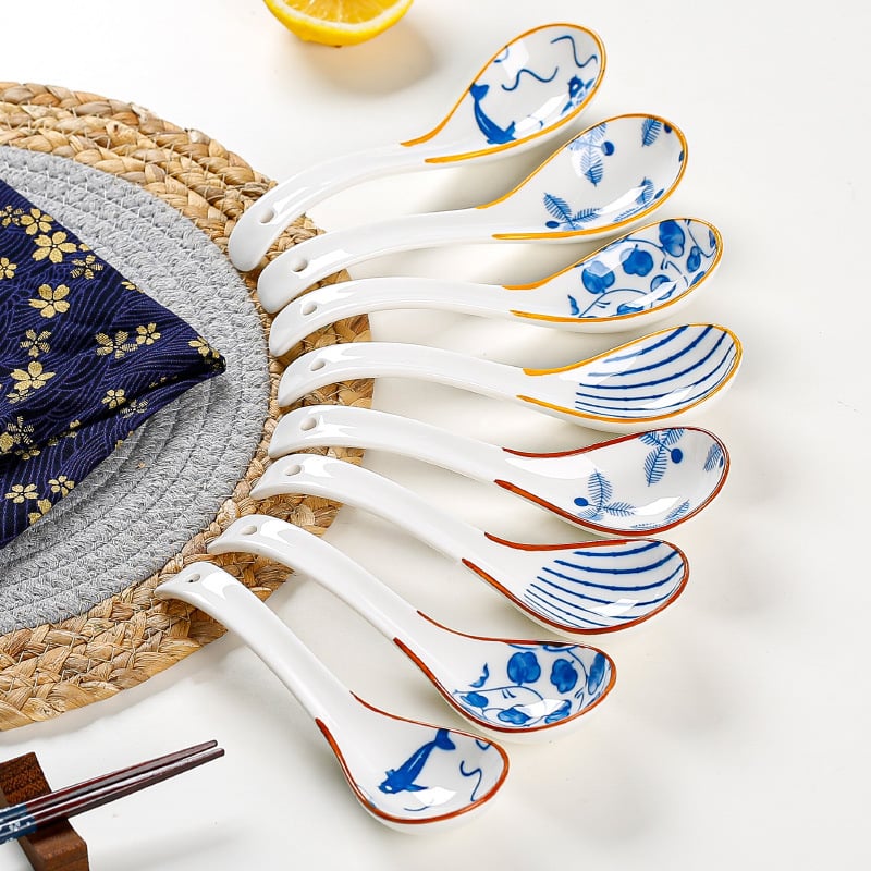 Κουτάλι σούπας μικρού μεγέθους σε ιαπωνικό στυλ (κεραμικά, καμπύλη λαβή, αντι-κάψιμο, φλοράλ μοτίβο, Πρώτης Κατηγορίας Ποιότητα)