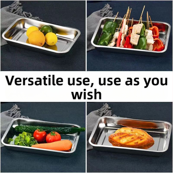 Hrubý hlboký nerezový pravouhlý tanier na servírovanie, jednofarebný dizajn, jemne leštená plocha, moderný minimalistický štýl, kompatibilný s mikrovlnnou rúrou.