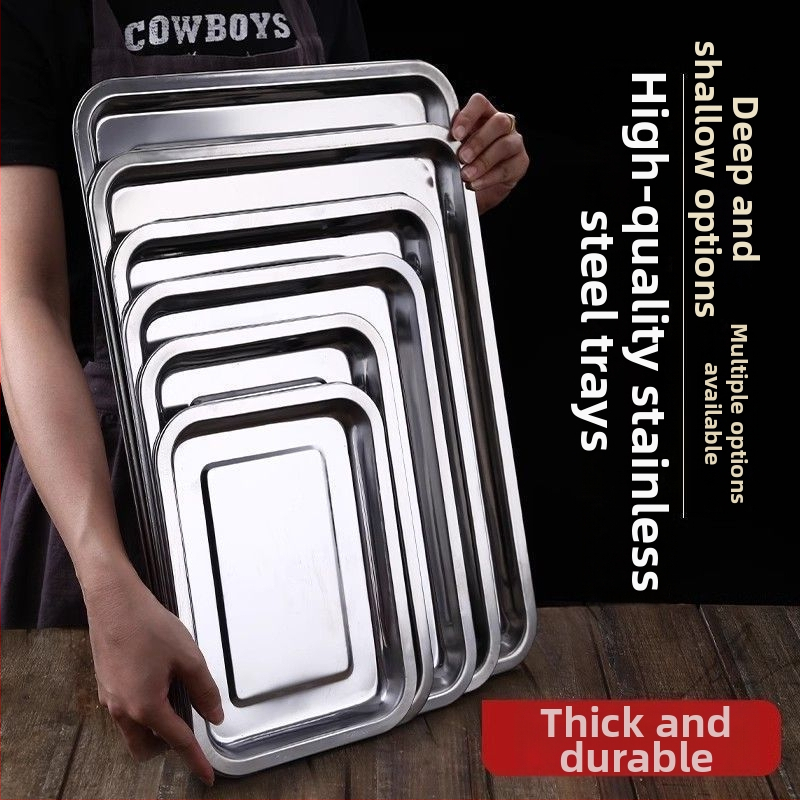 Hrubý hlboký nerezový pravouhlý tanier na servírovanie, jednofarebný dizajn, jemne leštená plocha, moderný minimalistický štýl, kompatibilný s mikrovlnnou rúrou.