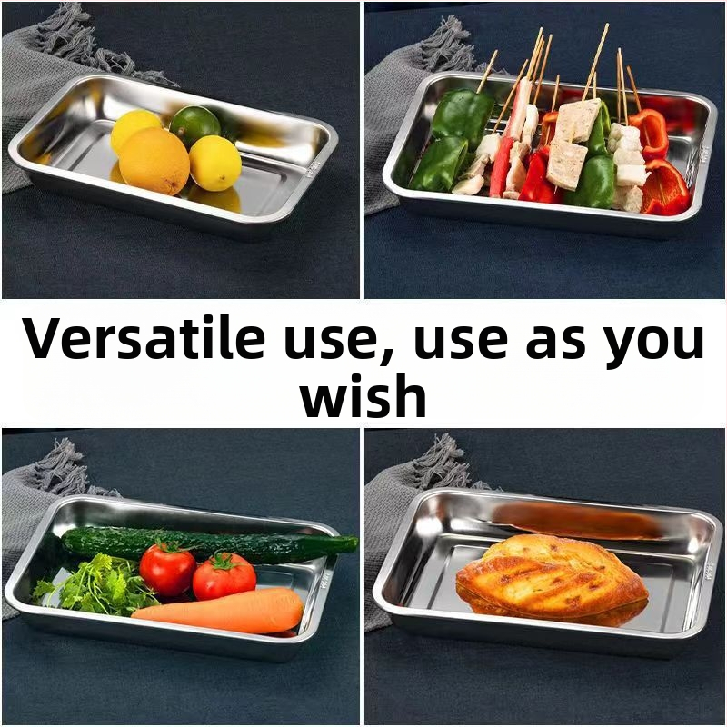 Hrubý hlboký nerezový pravouhlý tanier na servírovanie, jednofarebný dizajn, jemne leštená plocha, moderný minimalistický štýl, kompatibilný s mikrovlnnou rúrou.