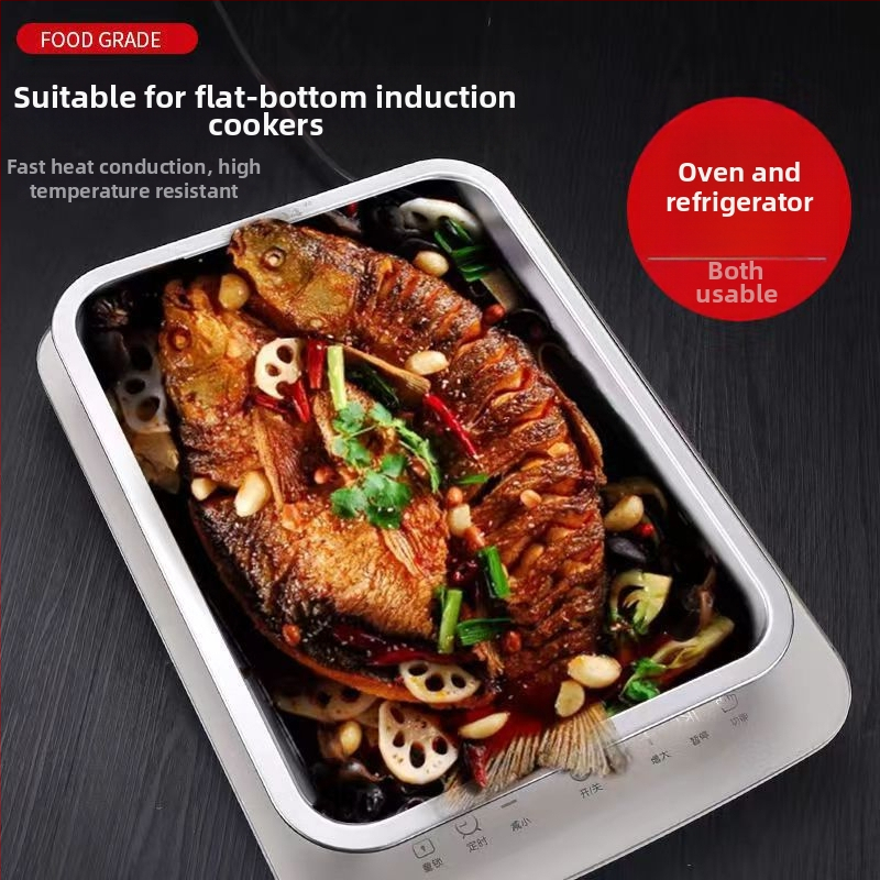 Hrubý hlboký nerezový pravouhlý tanier na servírovanie, jednofarebný dizajn, jemne leštená plocha, moderný minimalistický štýl, kompatibilný s mikrovlnnou rúrou.